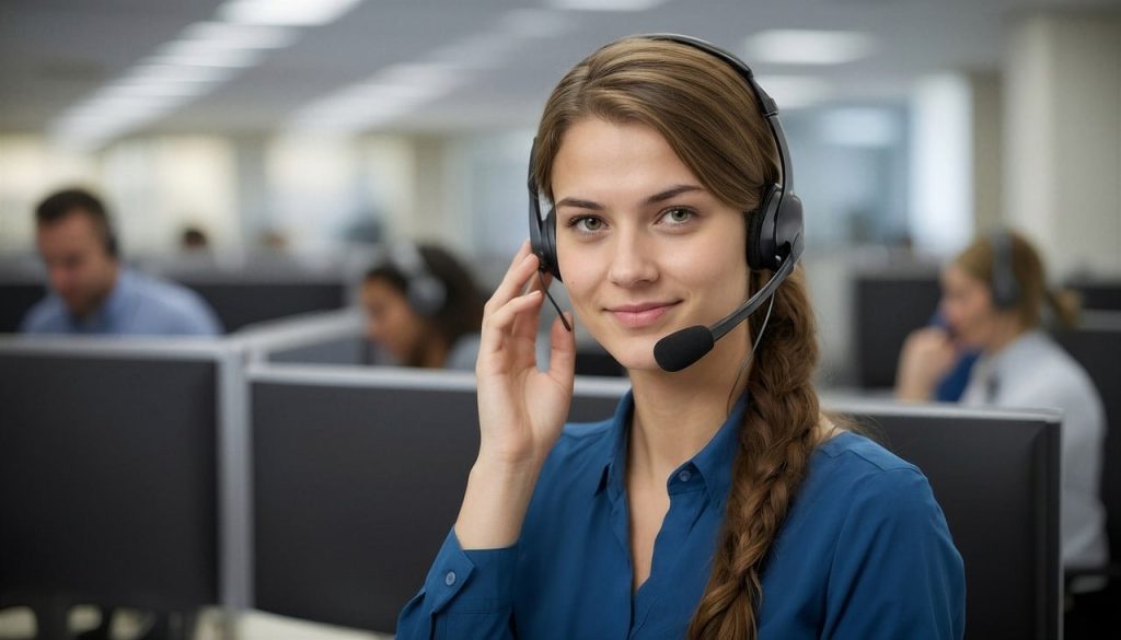 About the Group call center, headset, smile, office work, communication, customer support, professional, employee, work, woman, modern office, technology, phone assistance, microphone, young woman, multitasking, office environment, support, phone call, happy, workspace