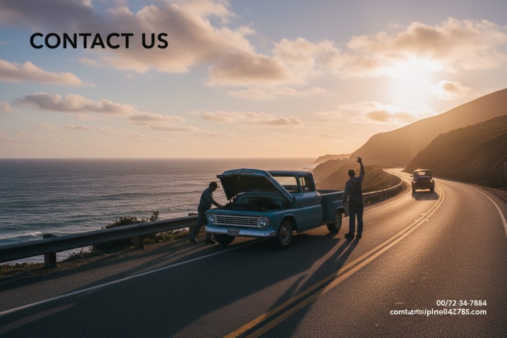 Vehicle Services Two men stand by a broken-down blue truck on a coastal highway at sunset, with text reading "CONTACT US" in the upper left corner and contact information in the lower right.