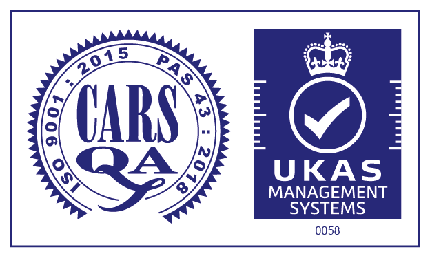 CARS QA ISO 9001:2015 and PAS 43:2018, UKAS Management Systems